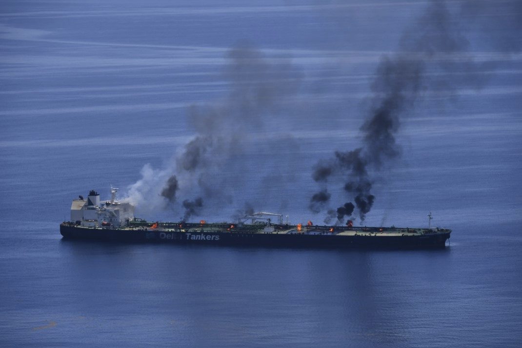 This photo released by the European Union's Operation Aspides shows fires burning aboard the oil tanker Sounion in the Red Sea on August 25, 2024. (European Union's Operation Aspides via AP)