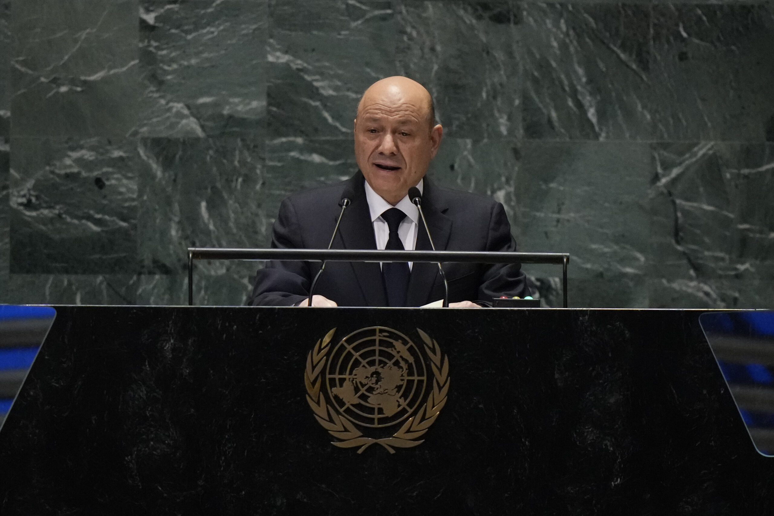 President of Yemen's Presidential Leadership Council, Rashad al-Alimi, speaks to the United Nations General Assembly during the Summit for the Future, September 22, 2024. (AP Photo/Frank Franklin II)