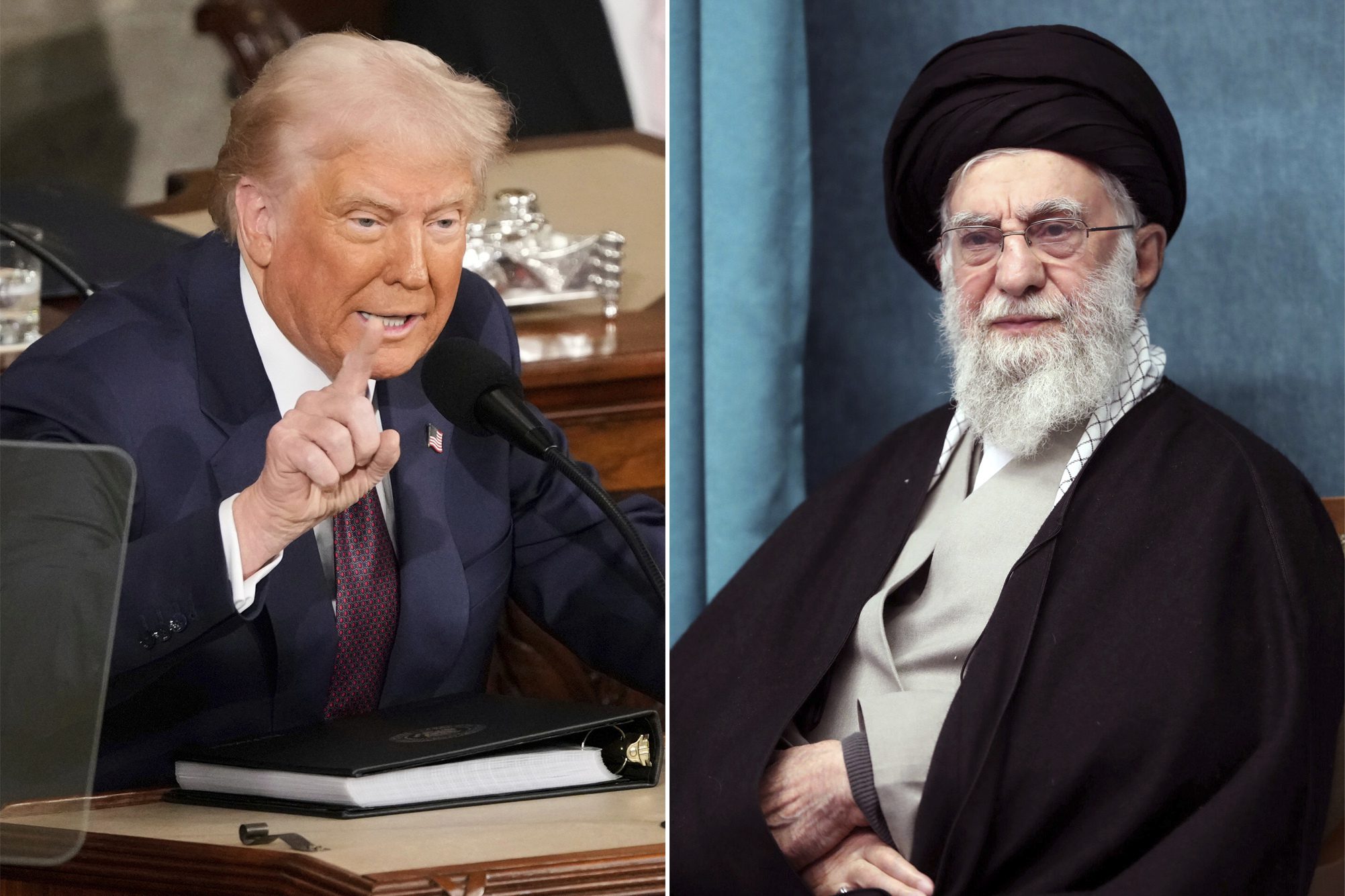 President Donald J. Trump addresses a joint session of Congress at the Capitol in Washington, DC, March 4, and Iranian Supreme Leader Ayatollah Ali Khamenei attends a ceremony in Tehran, Iran, March 8. (AP Photo/Ben Curtis - Office of the Iranian Supreme Leader via AP)