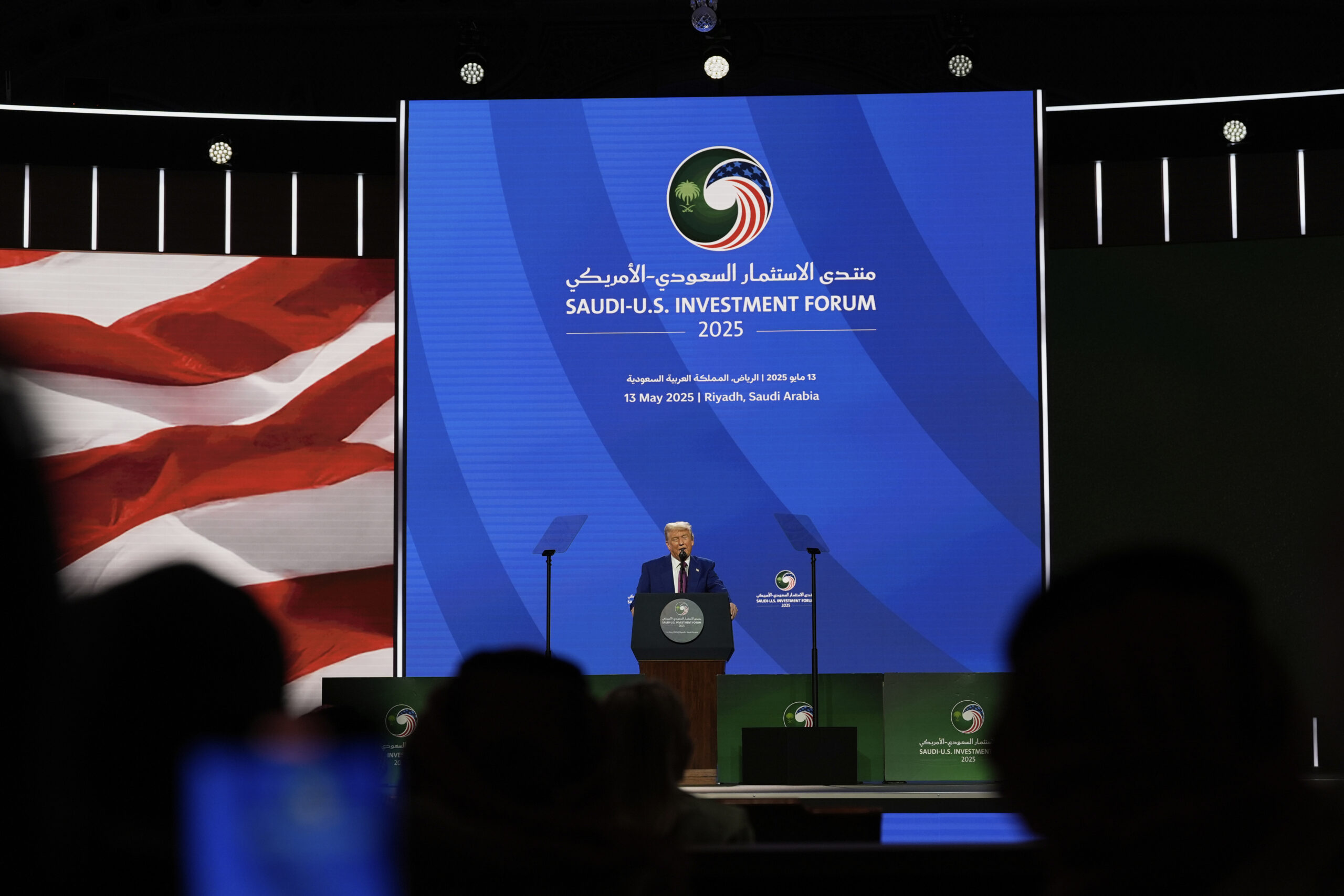 President Donald J. Trump speaks at the Saudi-U.S. Investment Forum at the King Abdulaziz International Conference Center in Riyadh, Saudi Arabia, May 13. (AP Photo/Alex Brandon)