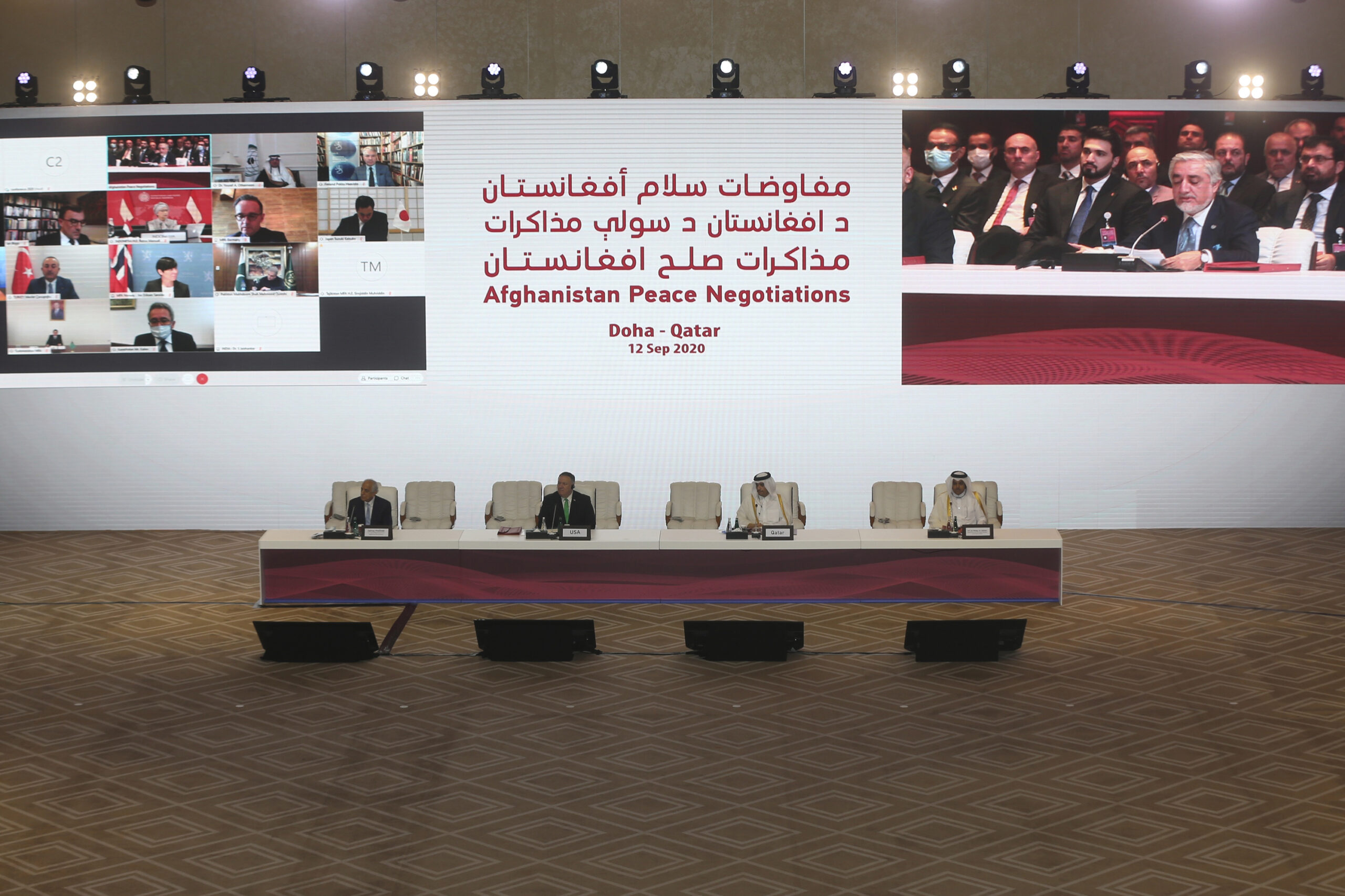 From left to right sitting on the podium, U.S. Special Representative for Afghanistan Reconciliation Zalmay Khalilzad, U.S. Secretary of State Mike Pompeo, Qatari Minister of Foreign Affairs Mohammed bin Abdel Rahman al-Thani, and Mutlaq bin Majid al-Qahtani, the special envoy of the Qatari foreign minister for Terrorism and Mediation in the Settlement of Disputes, listen to Abdullah Abdullah, chairman of Afghanistan's High Council for National Reconciliation, on the screen, at the opening session of the peace talks between the Afghan government and the Taliban in Doha, Qatar, Sept. 12. (AP Photo/Hussein Sayed)