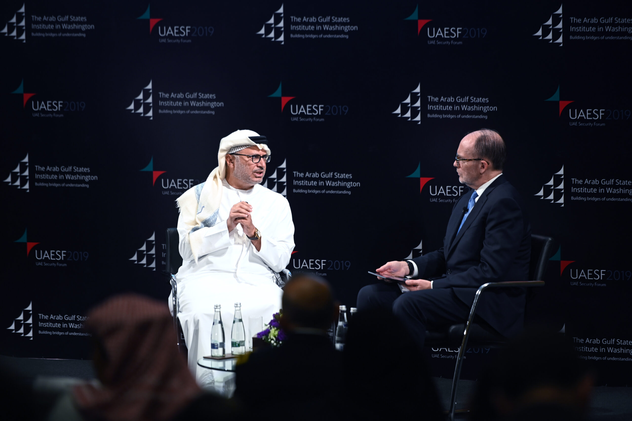 Ambassador Douglas Silliman, right, and H.E. Anwar Gargash at UAE Security Forum 2018 in Abu Dhabi, United Arab Emirates